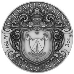 Cameroon : Barbarian King dorée 2 onces d’Argent 2025 Antiqued Coin