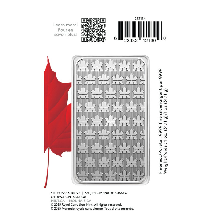 Lingote de Royal Canadian Mint en embalaje Proudly Canadian 1 onza de plata 2025 Maple Leaf Privy Mark