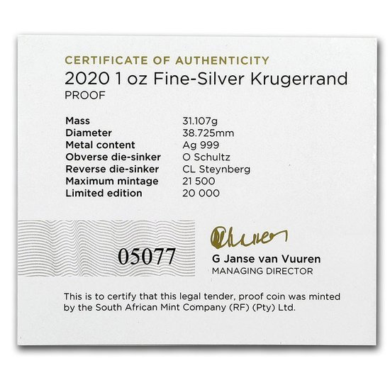 Krugerrand 1 oncia d'argento 2020 Proof