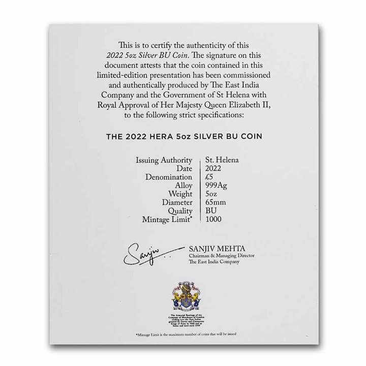 St Helena: Dea - Hera e il pavone 5 once d'argento 2022