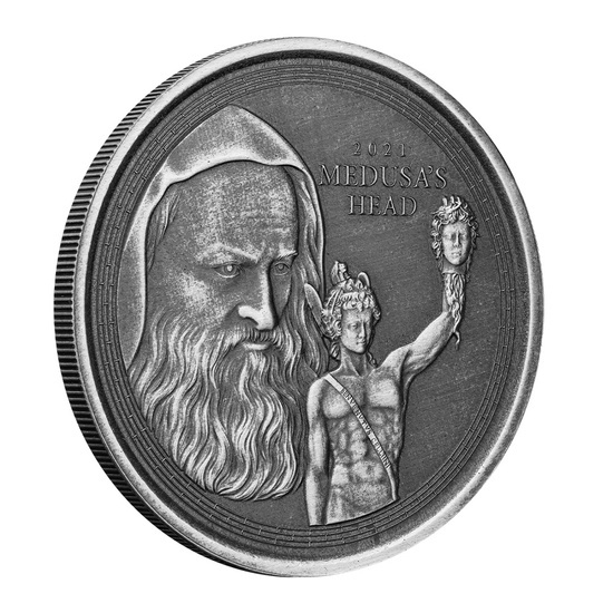Gibraltar: Perseus s hlavou Medúzy 1 unce stříbra 2021 Antique Coin