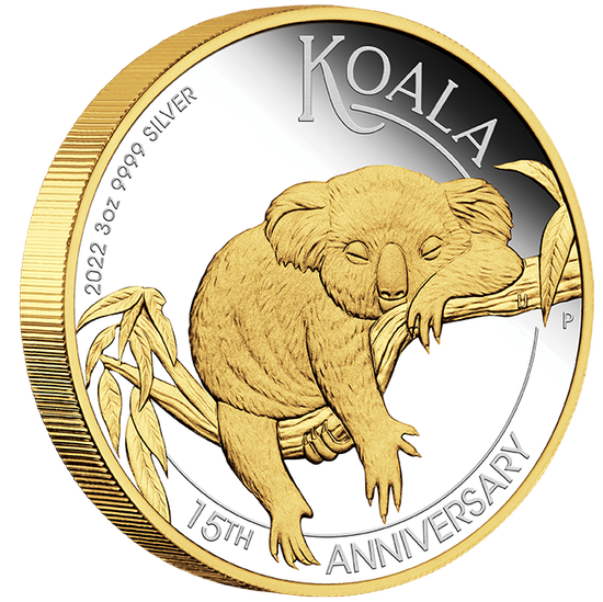 Koala aranyozott 15. évforduló 3 uncia ezüst 2022 Proof