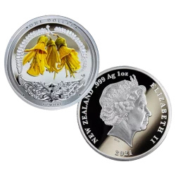 Discover New Zealand: Kowhai kolorowana 1 uncja Srebra 2021 Proof