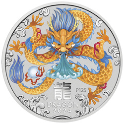 Perth Mint : Lunar III - Année du Dragon colorée 2 onces argent 2024