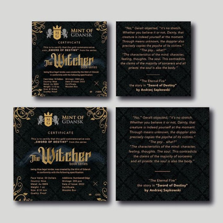 Niue: The Witcher Book Series - Sword of Destiny 1/10 unce zlata 2022 Proof