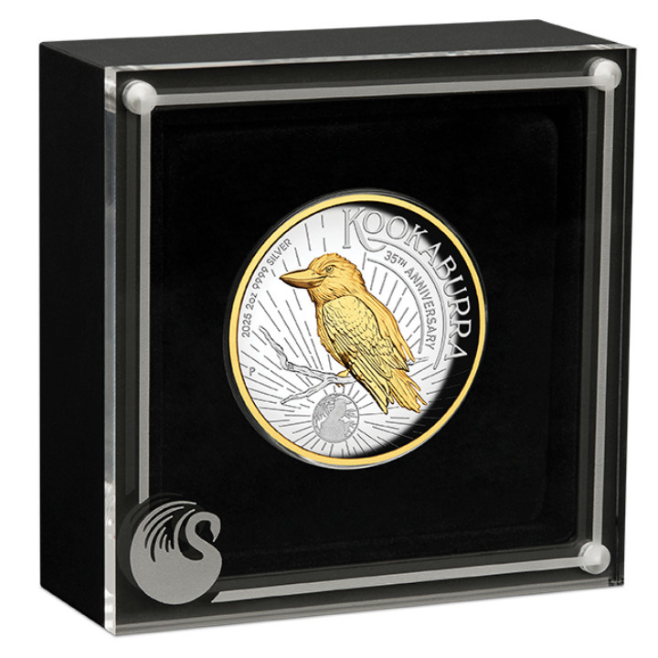 Kookaburra pozłacana 2 uncje Srebra 2025 Proof High Relief Gilded Coin