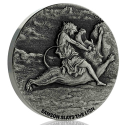 Niue: Bíblica - Sansón mata al león 2 oz Plata 2019 Proof Antiqued Coin