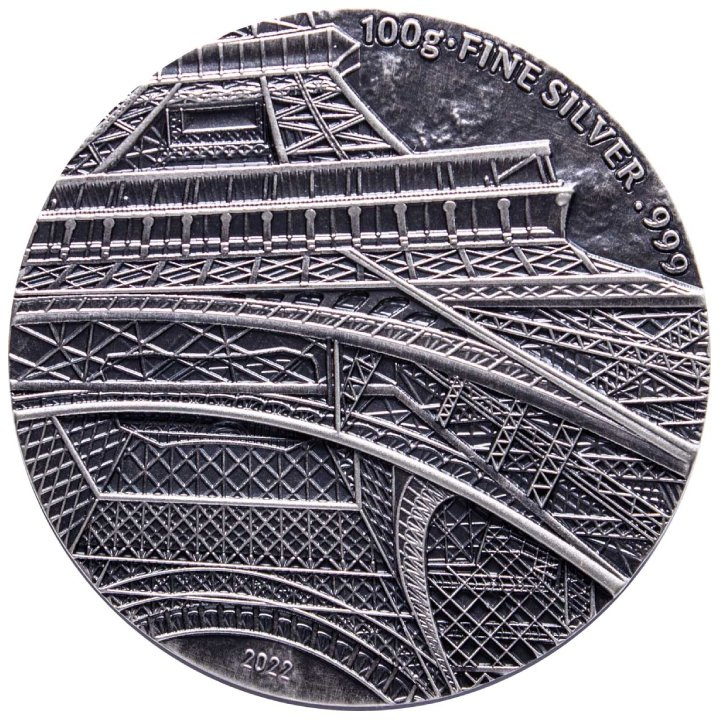 Ciad Tina’s View - Turnul Eiffel din Paris 100 grame Argint 2022 High Relief Antiqued Coin
