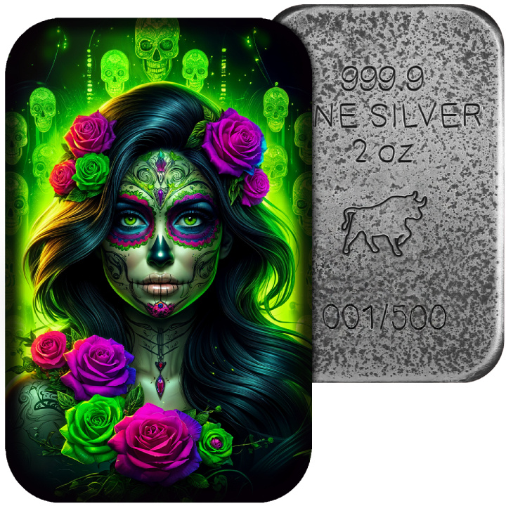 Lingotto Asturmint: Dia de los Muertos “Radioactive Catrina” colorato 2 once d'argento 2025 Antique Finish