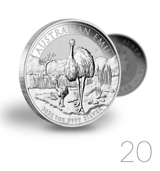 Émeu australien 1 once d'argent 2021 Paquet de 20 pièces