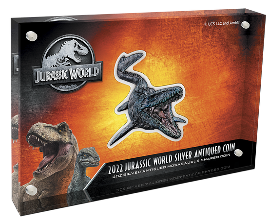 Niue: Jurassic World - Mosasaurus colored 2 oz Silver 2022 Antiqued Coin