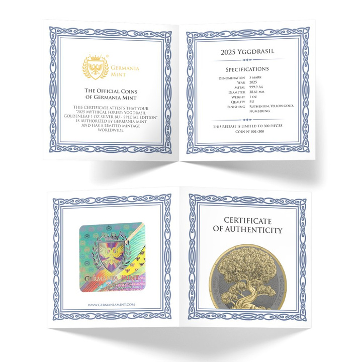 Mythical Forest: Yggdrasil Goldenleaf vergoldete 1 Unze Silber 2025 Black Ruthenium
