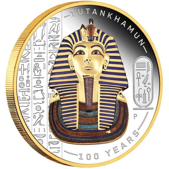 Tuvalu: Tutankhamun Discovery 100. výročí barevné, pozlacené 2 unce stříbra 2022 Proof