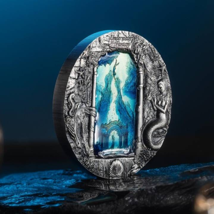 Palau: Underwater Fantasy - Mermaids coloured 3 oz Plata 2024 Ultra Alto Relieve Antiqued Coin