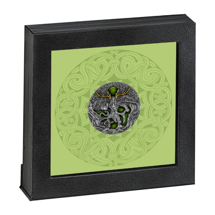 Niue: Cernunnos $5 Plata dorada 2022 Moneda en alto relieve envejecida