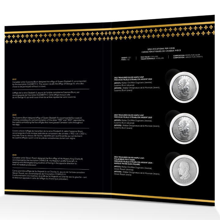 3 darabos kanadai juharlevél kincses érme szett 3 x 1 uncia ezüst 2022, 2023, 2024