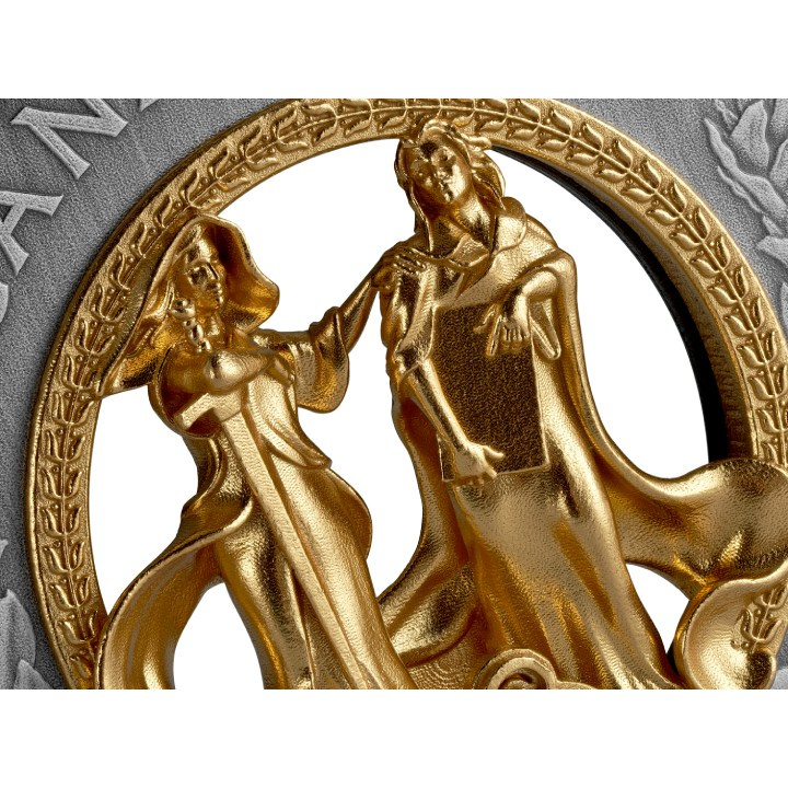 Canadá: Alegorías de la Justicia y la Verdad dorada $50 Plata 2025 Antiqued Coin