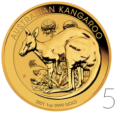 Kangourou australien 1 once d'or LOT DE 5 PIÈCES 2021