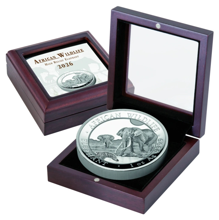 African Wildlife Elefante Somalí 1 oz plata 2026 Proof High Relief