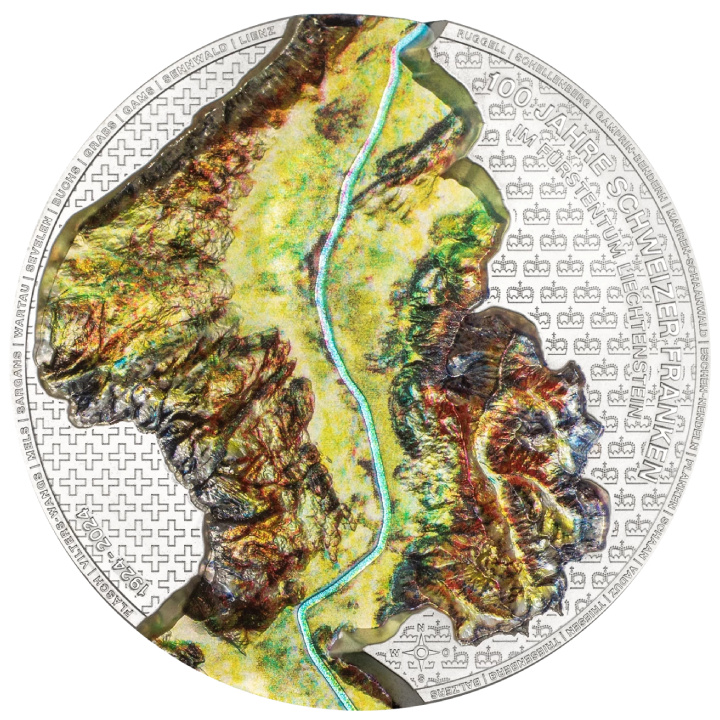 Liechtenstein: 100 éves a svájci frank Liechtensteinben színes 2 uncia ezüst 2024 Selyemérme