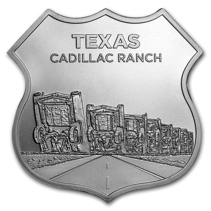 Icons of Route 66 Shield - Texas Cadillac Ranch 1 oz Silber
