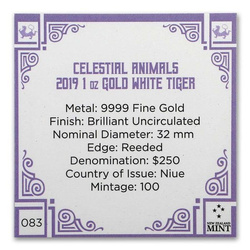 Niue: Égi állatok – Fehér tigris 1 uncia arany 2019