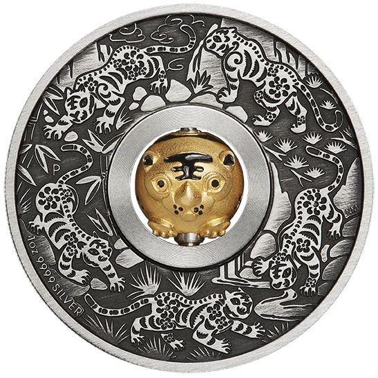 Tuvalu: Lunar III - Anno del Tigre 1 oncia d'argento 2022 Rotating Charm Antiqued Coin