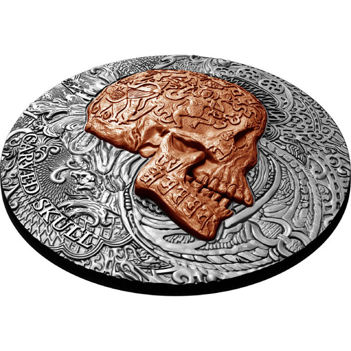 Cameroon: Carved Skull Bones 1 uncja Srebra 2017 Antiqued Coin