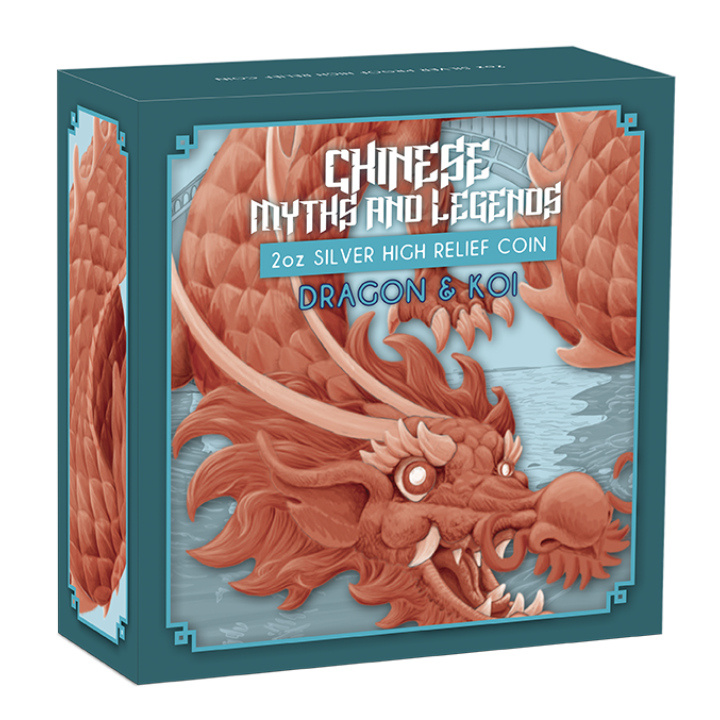 Chinese Myths and Legends: Dragon & Koi 2 uncje Srebra 2023 Proof High Relief