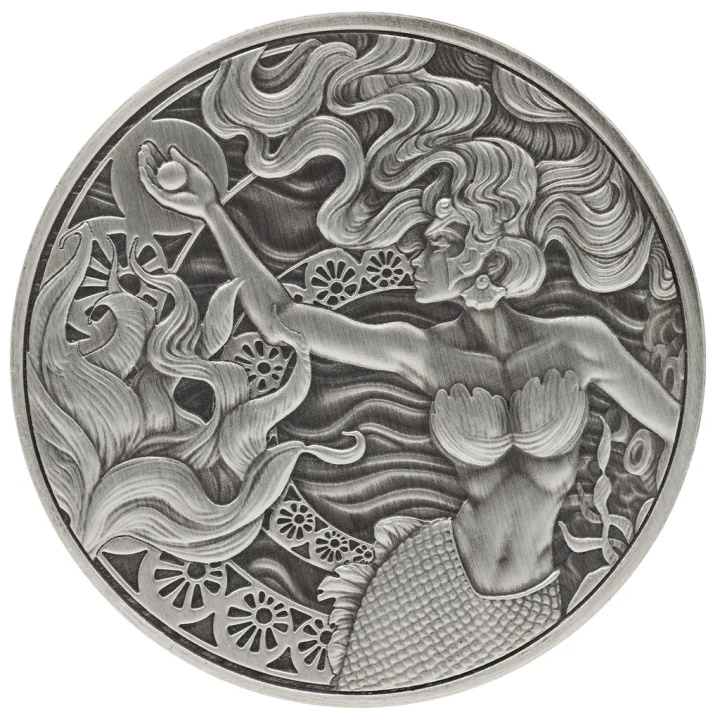 Samoa: Mermaid & Pearl 1 uncja Srebra 2025 Antiqued Coin