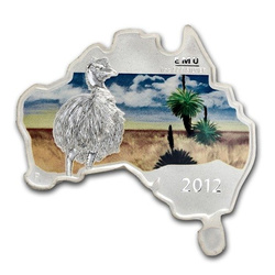 Emú australiano 1 oz Plata 2012 CON FORMA DE MAPA