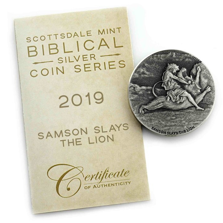 Niue: Bíblica - Sansón mata al león 2 oz Plata 2019 Proof Antiqued Coin