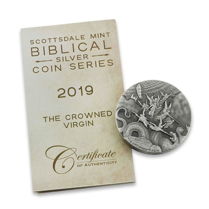 Niue: Biblické - Korunovaná panna 2 unce stříbra 2019 Proof Antiqued Coin