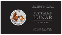 Perth Mint: Lunar III - Anno del Cavallo colorato 1/4 oncia d'argento 2026 (Hobart Money Expo ANDA Special)