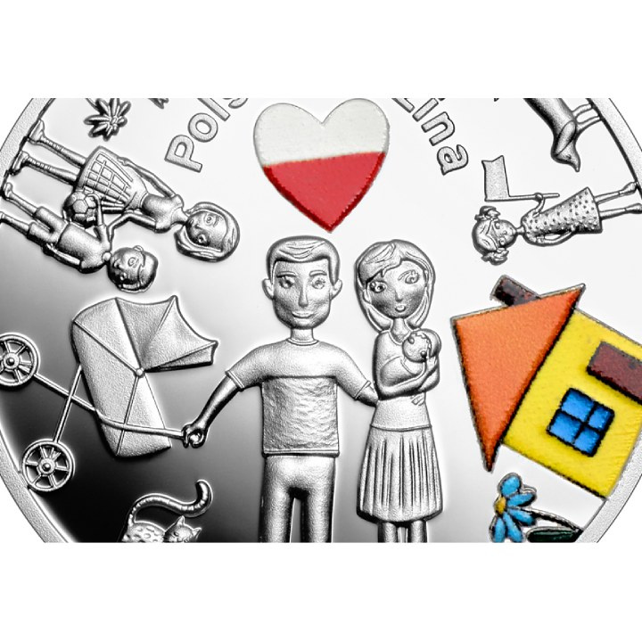 Credo nella Polonia - Famiglia polacca colorata 10 zł Argento 2023 Proof
