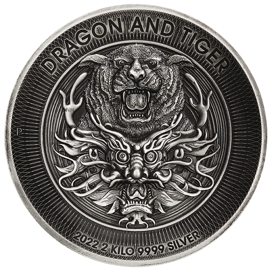 Drago e tigre 2000 grammi d'argento 2022 Antiqued High Relief