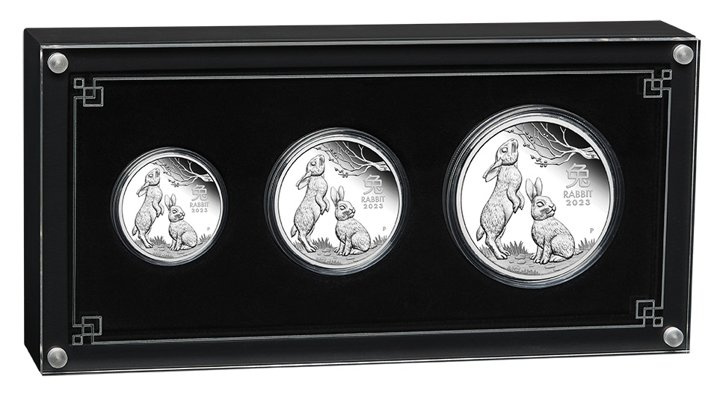 Perth Mint: Lunar III - Anno del Coniglio: Set di 3 monete d'argento 2023 Proof