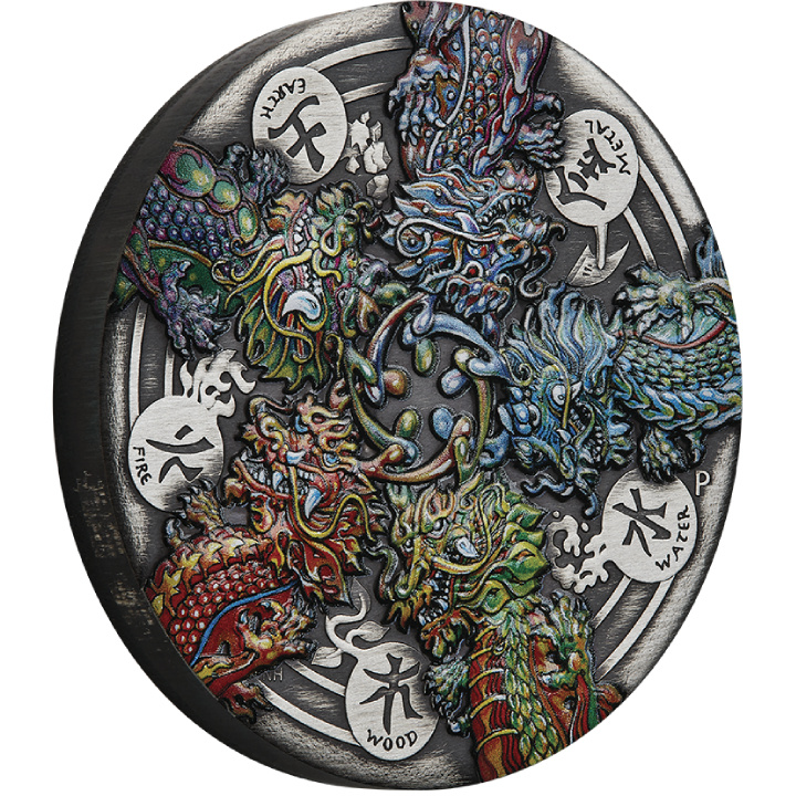 Tuvalu: Dragon and the Five Elements coloured 5 oz Silber 2024 Antiqued Coin