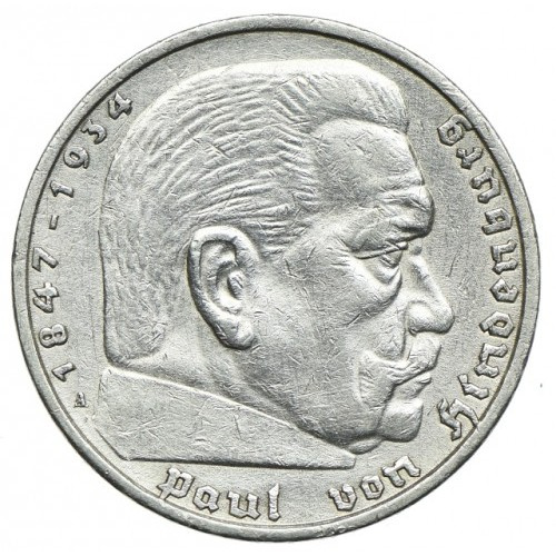 Németország, Harmadik Birodalom – Paul von Hindenburg 5 birodalmi márka Ezüst 1935-1936