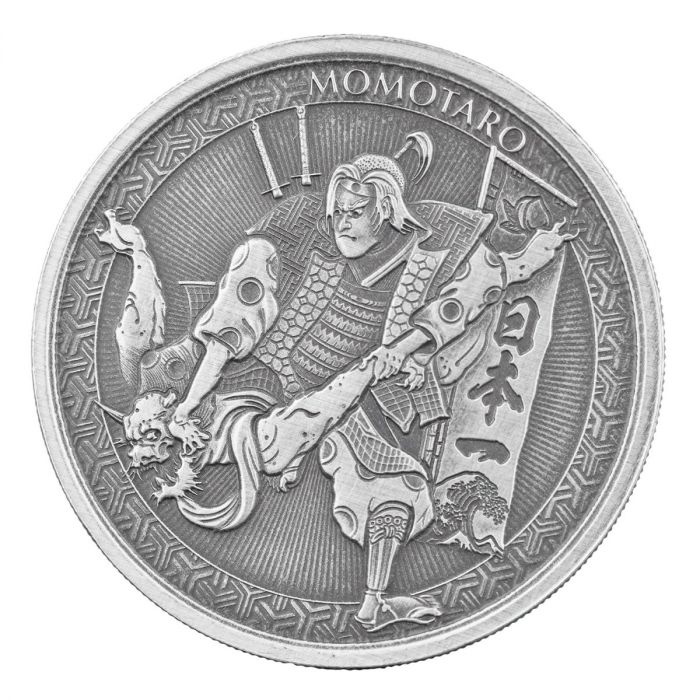 Samoa: Legends of Japan Series - Momotaro and the Demon Subdued in Ukiyoe Style 1 unce stříbra 2020 Antiqued Coin