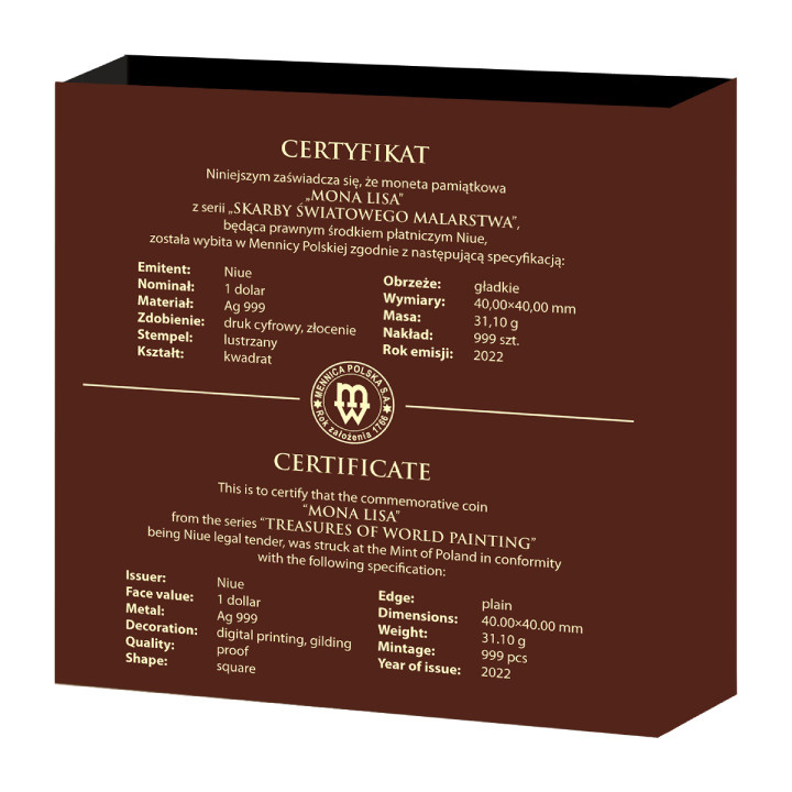 Niue: Leonardo da Vinci - Monna Lisa colorata, placcata in oro 1 oncia d'argento 2022 Proof