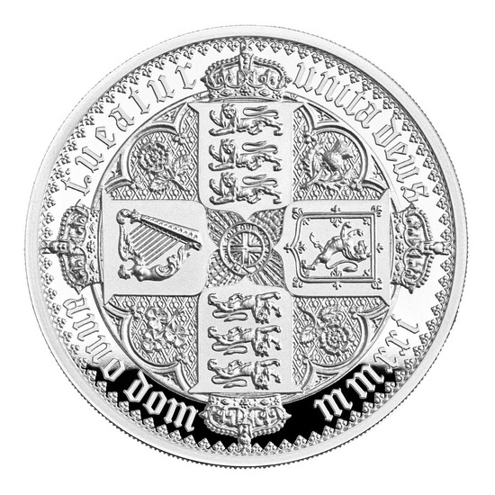 The Gothic Crown Quartered Arms 2 unce stříbra 2021 Proof