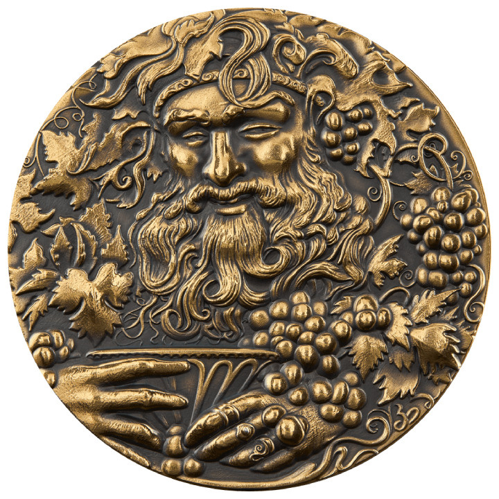 Niue: Diosas y Dios - Baco dorado $5 Plata 2022 Alto Relieve Moneda Antigua