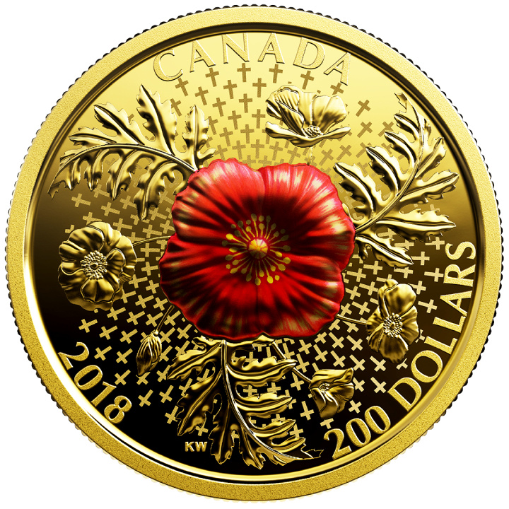 Kanada: Fegyverszüneti pipacs színes 1 uncia arany 2018 Reverse Proof