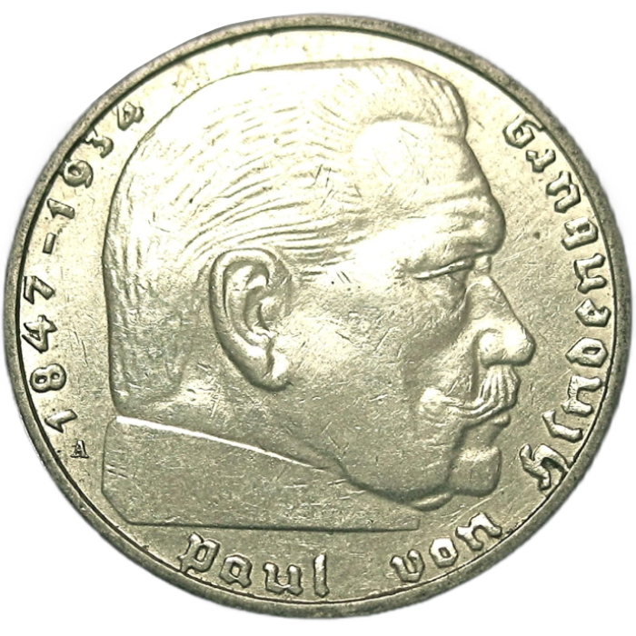 Germany, Third Reich – Paul von Hindenburg 2 Reichsmark Silver Coin (with Swastika) 1936–1939