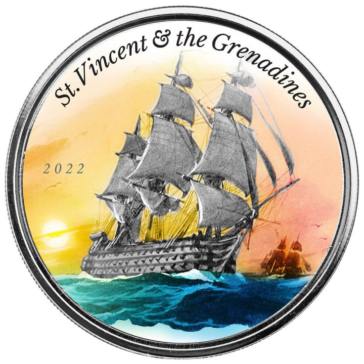 Saint-Vincent-et-les-Grenadines : Navire de guerre colorée 1 once d'argent 2022 Proof (Milkspot)