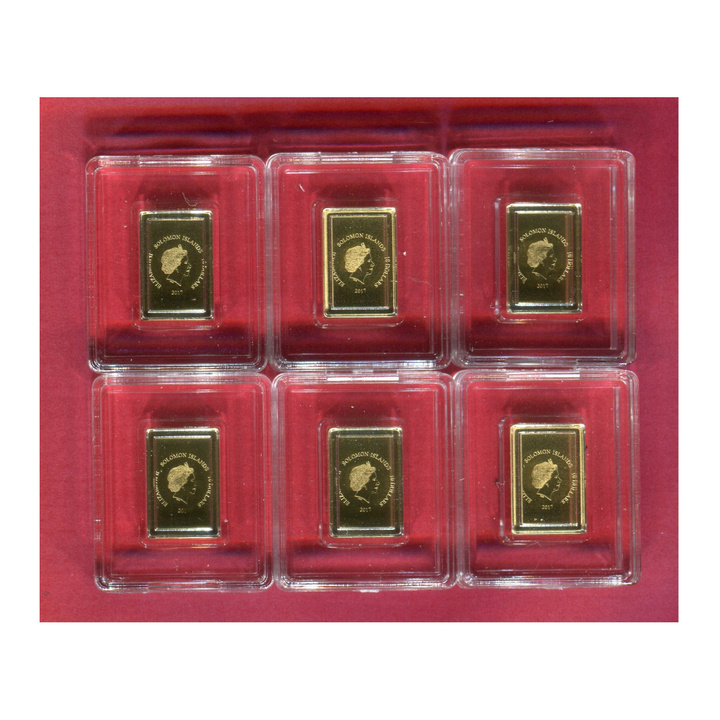 Islas Salomón: Juego de 6 monedas-lingote Gold Panda Tribute Edition 3 gramos Oro 2017