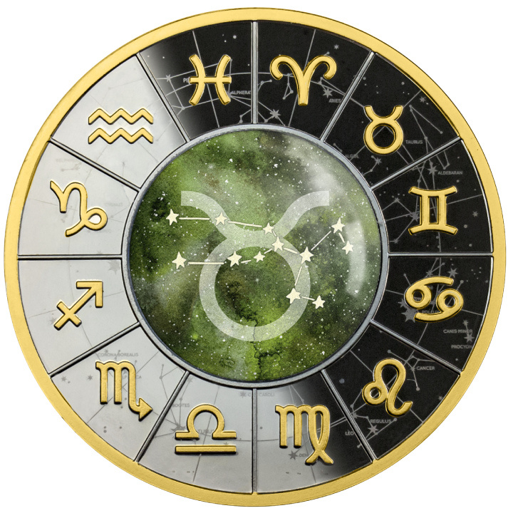 Cameroon: Zodiac Sign - Taurus coloured Silver 2023 Gilded Black Proof Coin