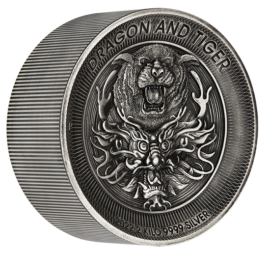Dragon & Tiger 2000 gram Silber 2022 Antiqued High Relief