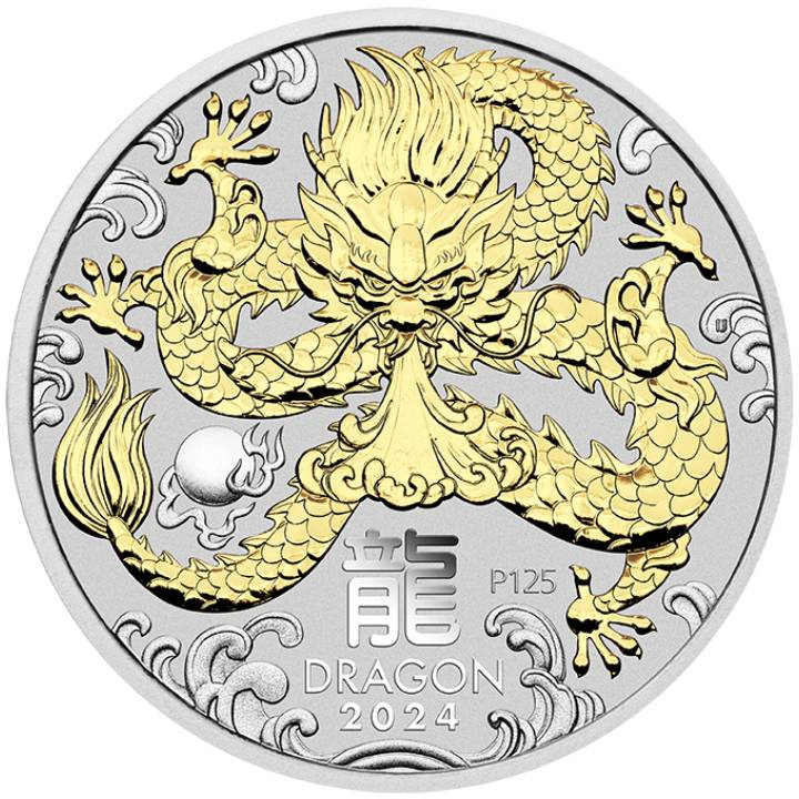 Perth Mint: Lunar III - Rok Smoka pozłacany 1 uncja Srebra 2024 (w etui)